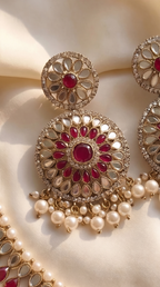 Ruby Mirror Statement Necklace Set - Indian bridal jewelry with ruby stones and mirror work - view 3