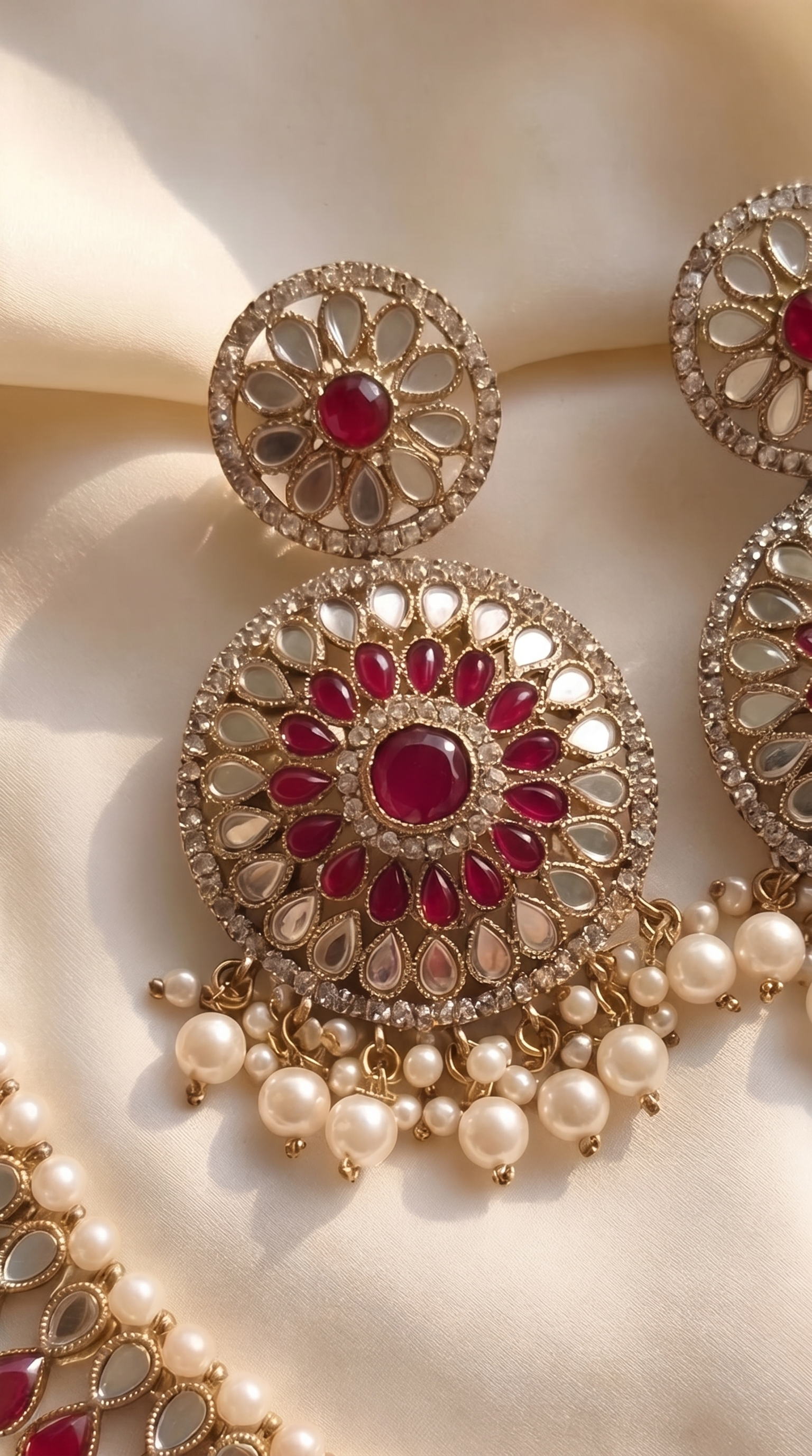 Ruby Mirror Statement Necklace Set - Indian bridal jewelry with ruby stones and mirror work - view 3