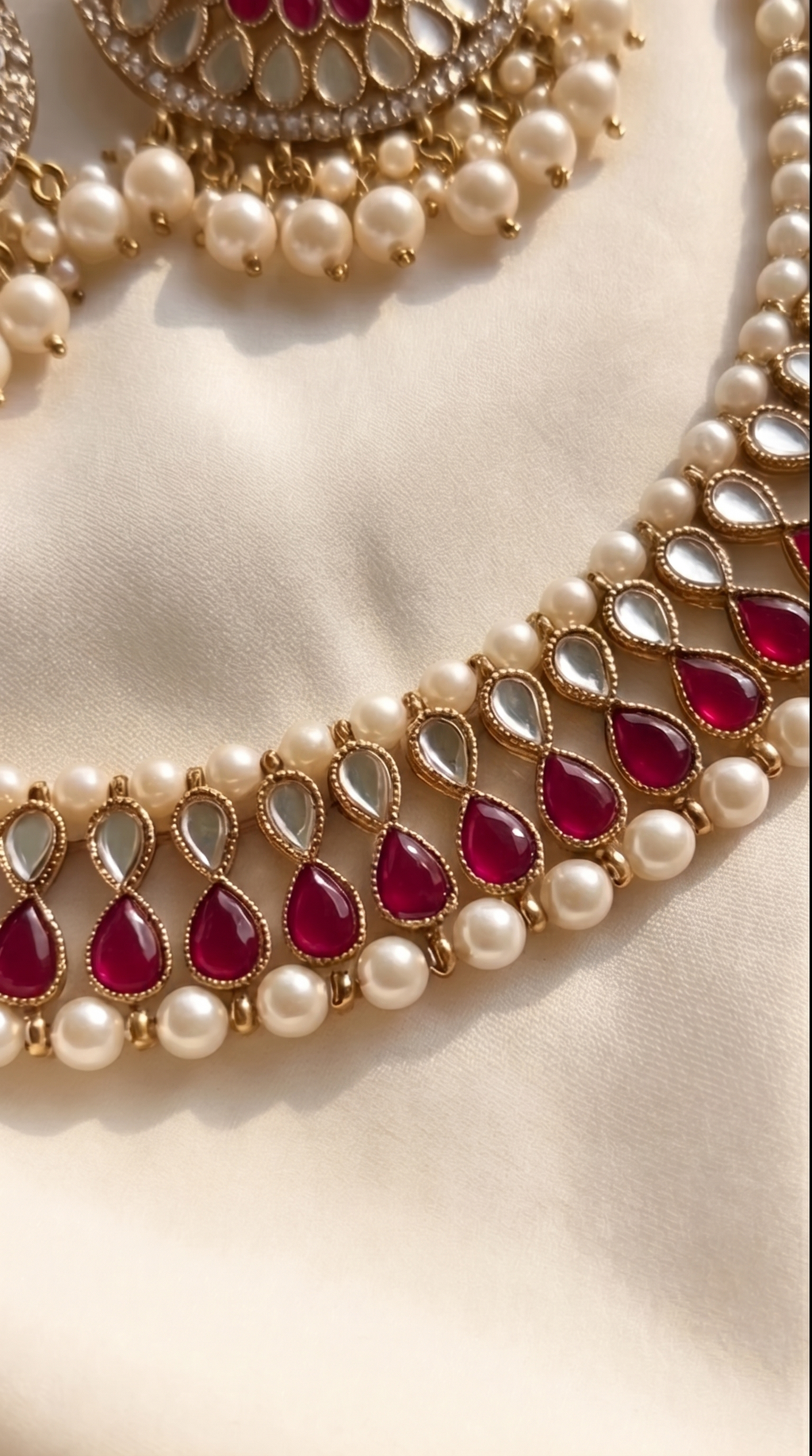 Ruby Mirror Statement Necklace Set - Indian bridal jewelry with ruby stones and mirror work - view 2