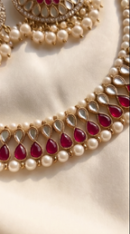 Ruby Mirror Statement Necklace Set - Indian bridal jewelry with ruby stones and mirror work - view 2