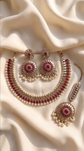 Ruby Mirror Statement Necklace Set - Indian bridal jewelry with ruby stones and mirror work - view 1