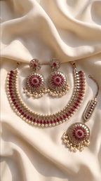 Ruby Mirror Statement Necklace Set - Indian bridal jewelry with ruby stones and mirror work - view 1