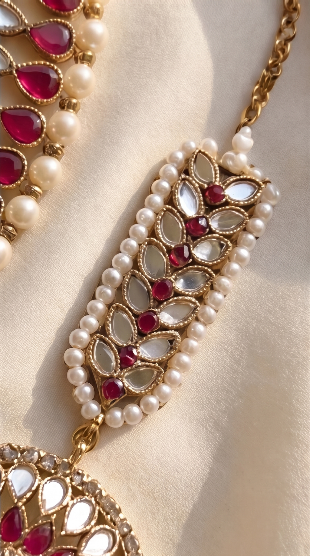 Ruby Mirror Statement Necklace Set - Indian bridal jewelry with ruby stones and mirror work - view 6