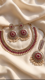 Ruby Mirror Statement Necklace Set - Indian bridal jewelry with ruby stones and mirror work - view 5