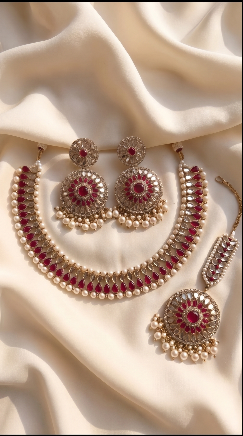 Ruby Mirror Statement Necklace Set - Indian bridal jewelry with ruby stones and mirror work - view 4