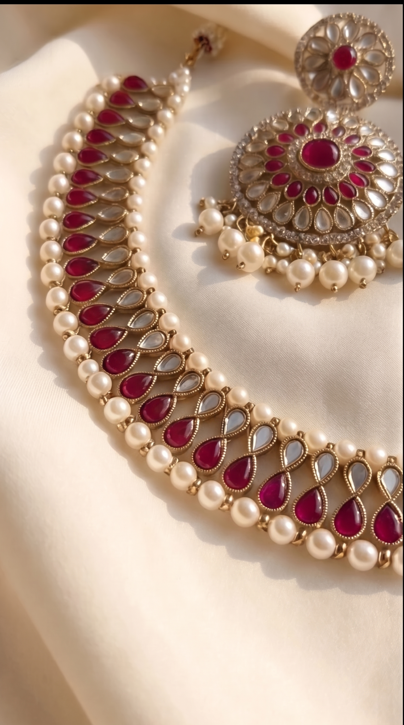 Ruby Mirror Statement Necklace Set - Indian bridal jewelry with ruby stones and mirror work - view 7