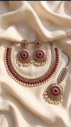 Ruby Mirror Statement Necklace Set - Indian bridal jewelry with ruby stones and mirror work - view 8