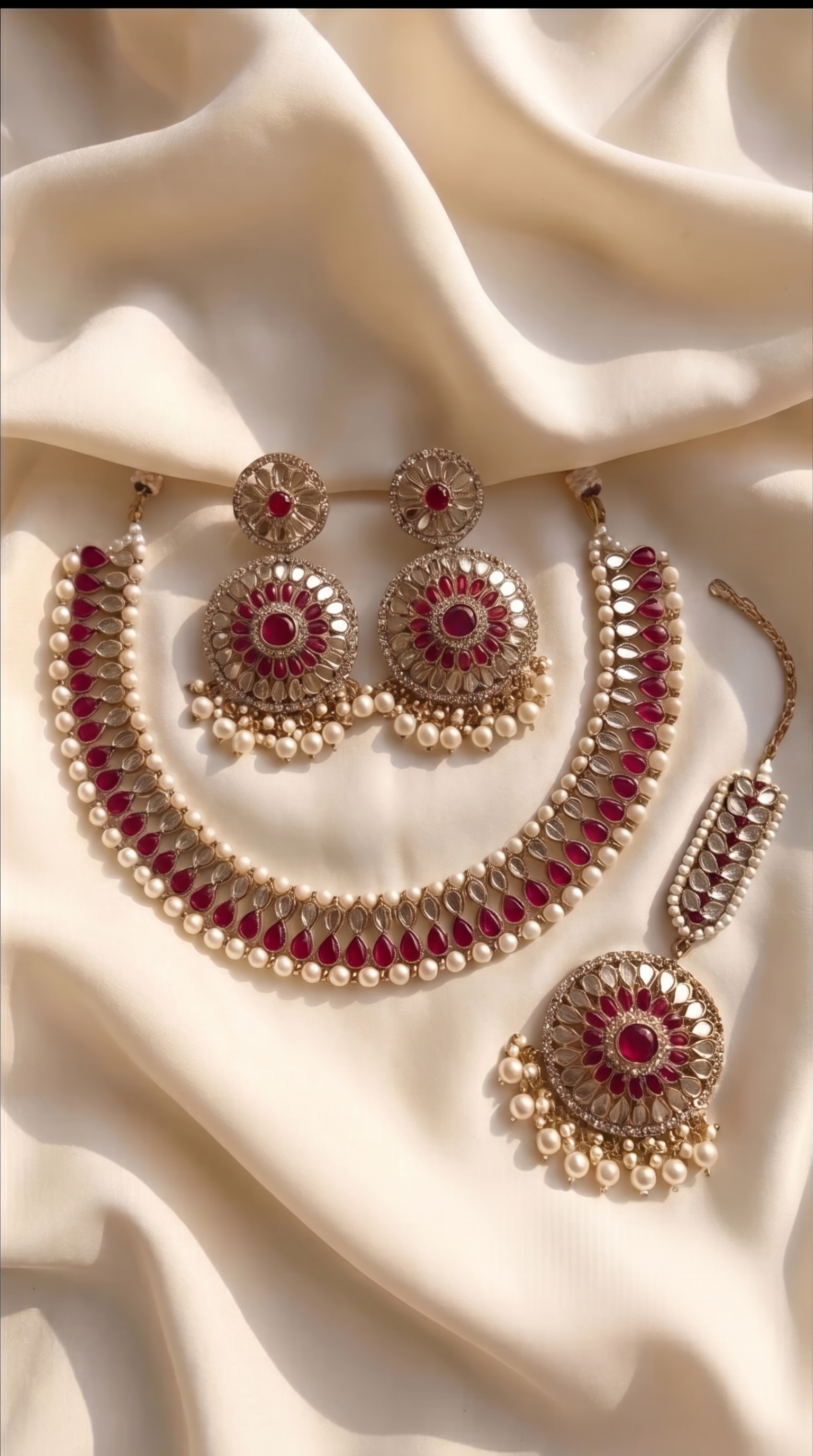 Ruby Mirror Statement Necklace Set - Indian bridal jewelry with ruby stones and mirror work - view 8