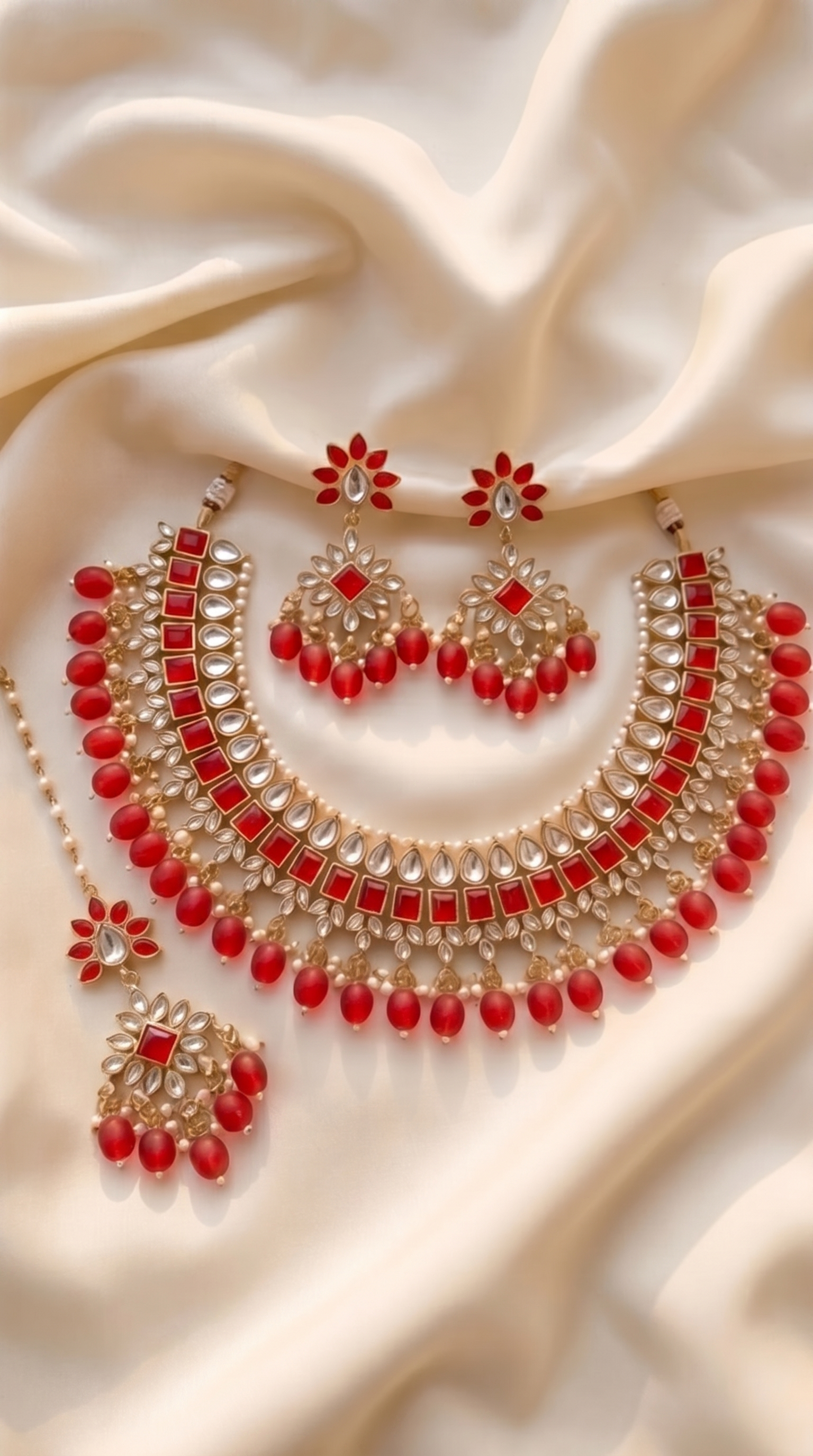 Crimson Kundan Statement Necklace Set - Indian bridal kundan jewelry with red stones - view 4