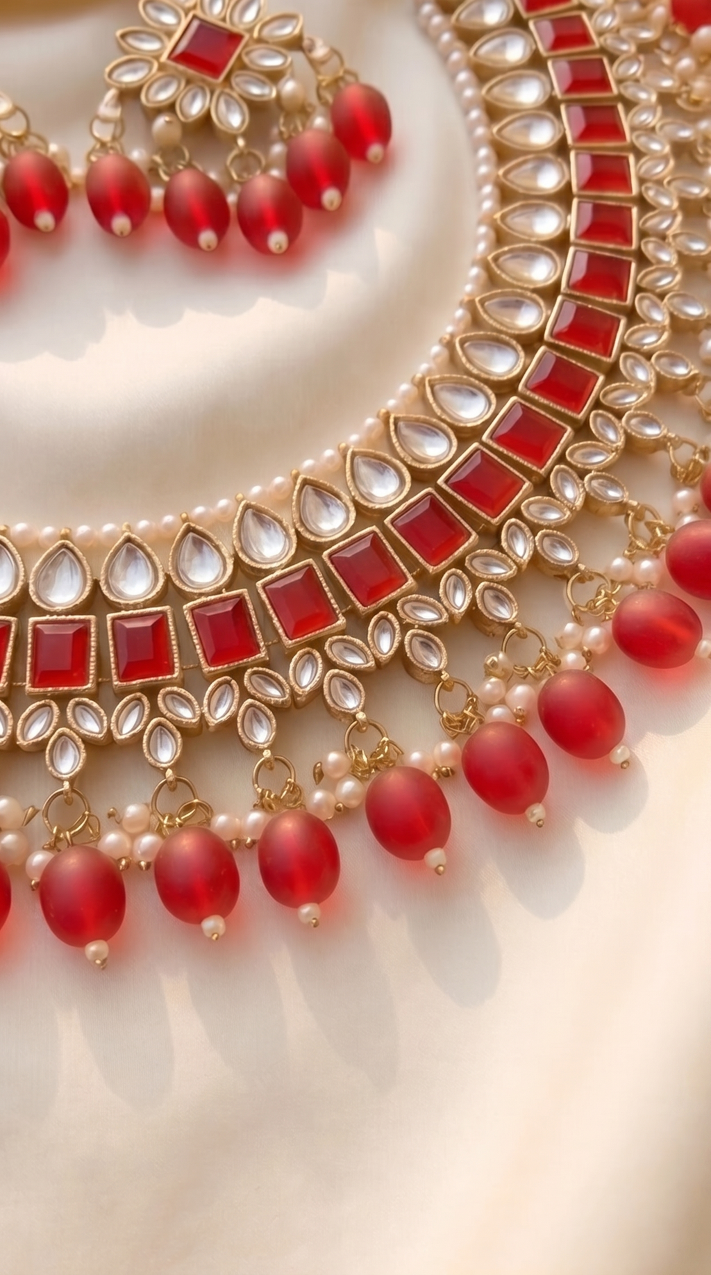 Crimson Kundan Statement Necklace Set - Indian bridal kundan jewelry with red stones - view 2