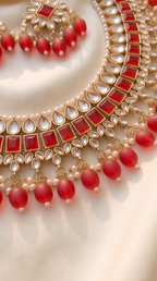 Crimson Kundan Statement Necklace Set - Indian bridal kundan jewelry with red stones - view 2