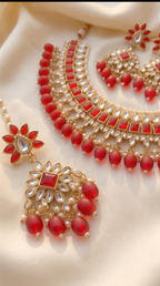 Crimson Kundan Statement Necklace Set - Indian bridal kundan jewelry with red stones - view 5