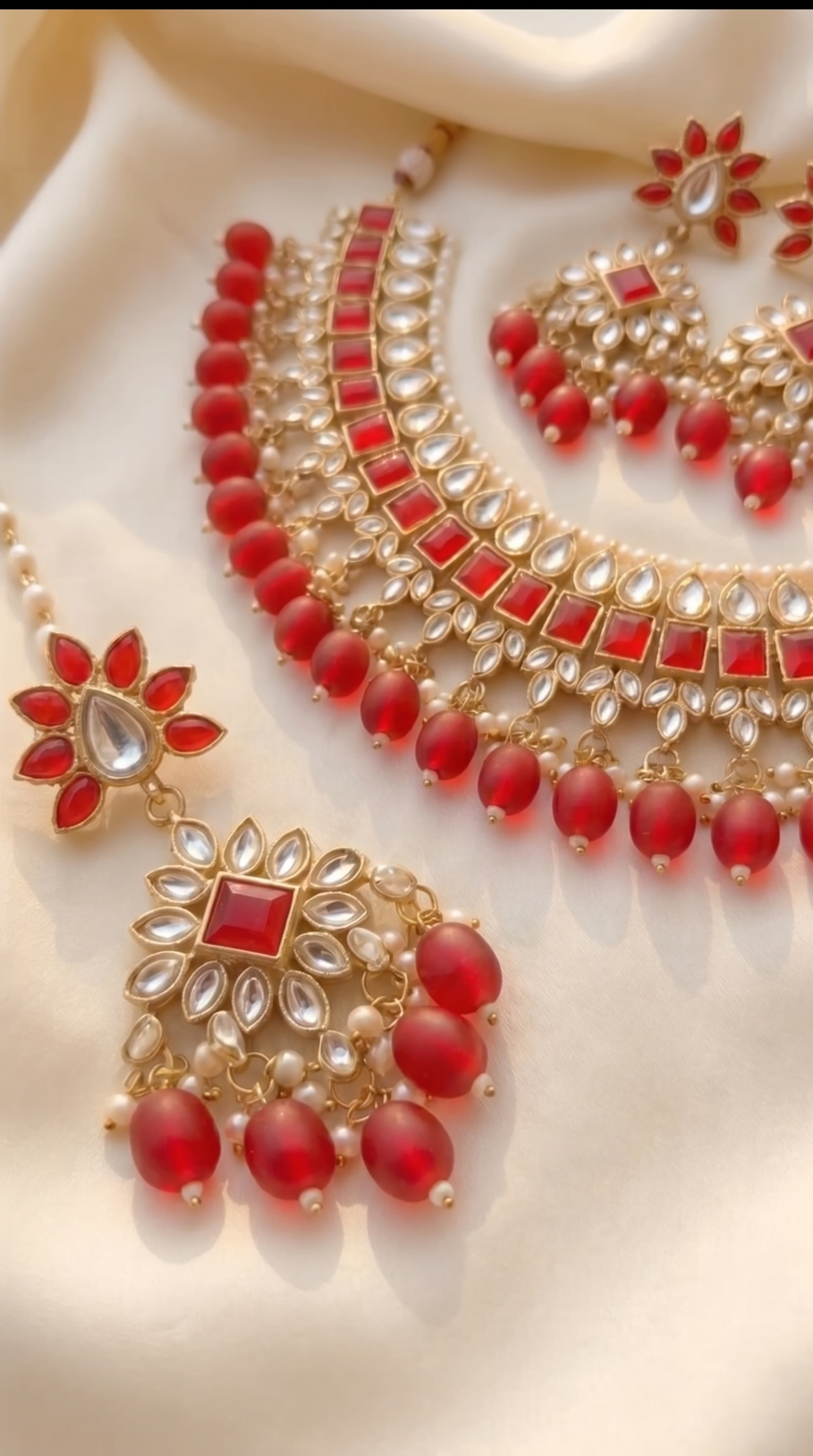 Crimson Kundan Statement Necklace Set - Indian bridal kundan jewelry with red stones - view 5