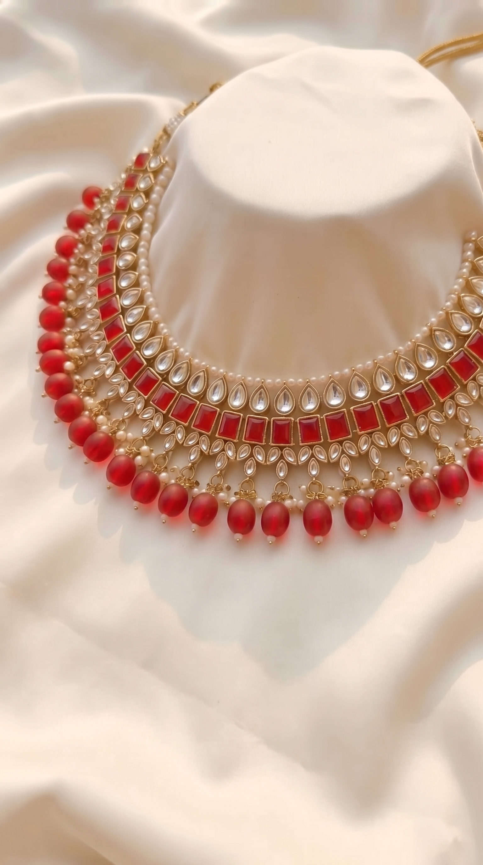 Crimson Kundan Statement Necklace Set - Indian bridal kundan jewelry with red stones - view 6