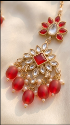 Crimson Kundan Statement Necklace Set - Indian bridal kundan jewelry with red stones - view 7