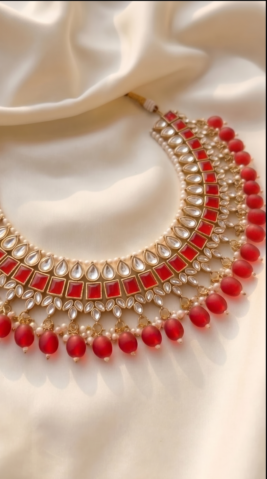 Crimson Kundan Statement Necklace Set - Indian bridal kundan jewelry with red stones - view 8
