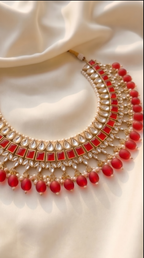 Crimson Kundan Statement Necklace Set - Indian bridal kundan jewelry with red stones - view 8
