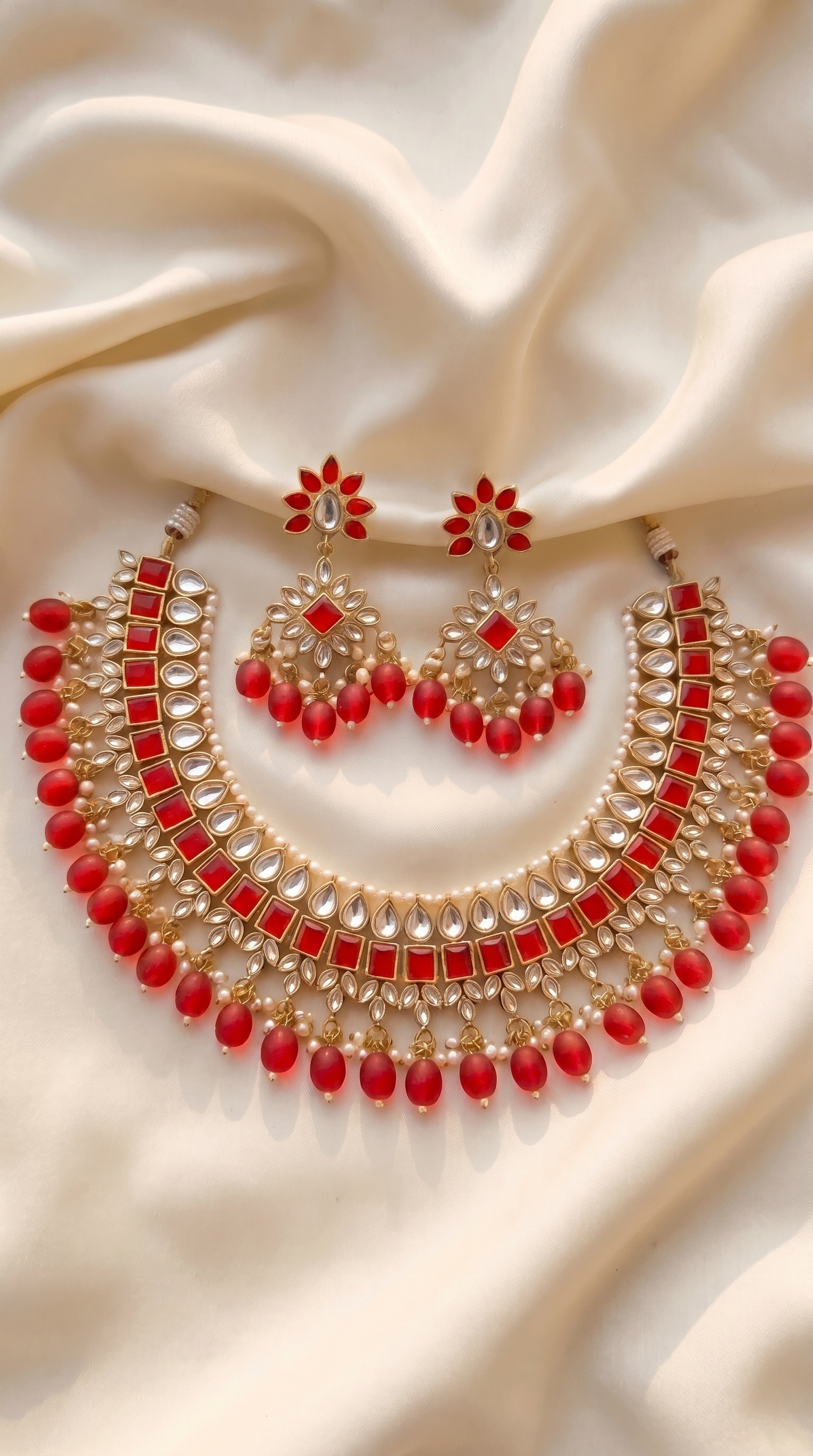 Crimson Kundan Statement Necklace Set - Indian bridal kundan jewelry with red stones - view 9
