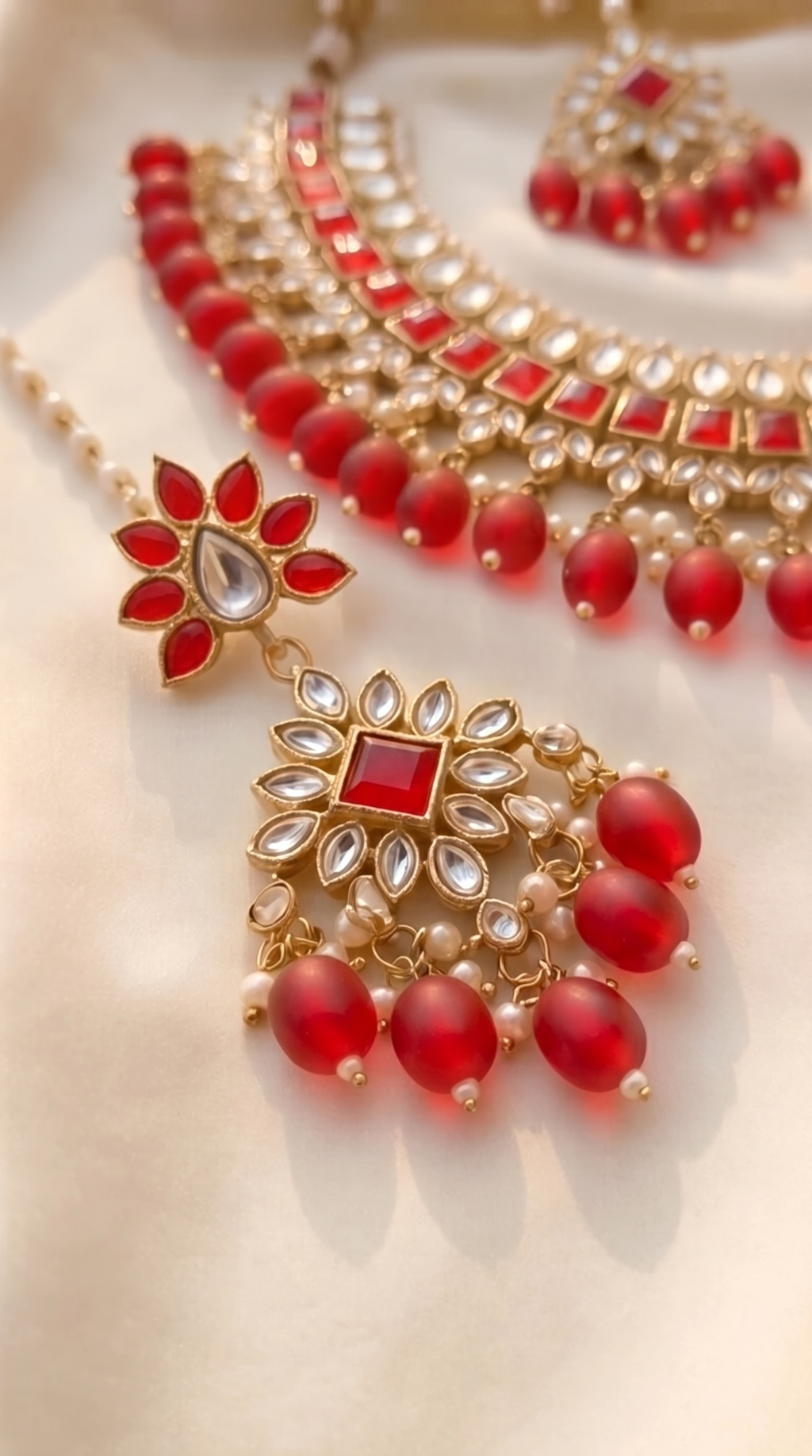 Crimson Kundan Statement Necklace Set - Indian bridal kundan jewelry with red stones - view 3