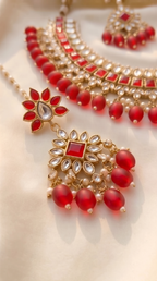 Crimson Kundan Statement Necklace Set - Indian bridal kundan jewelry with red stones - view 3