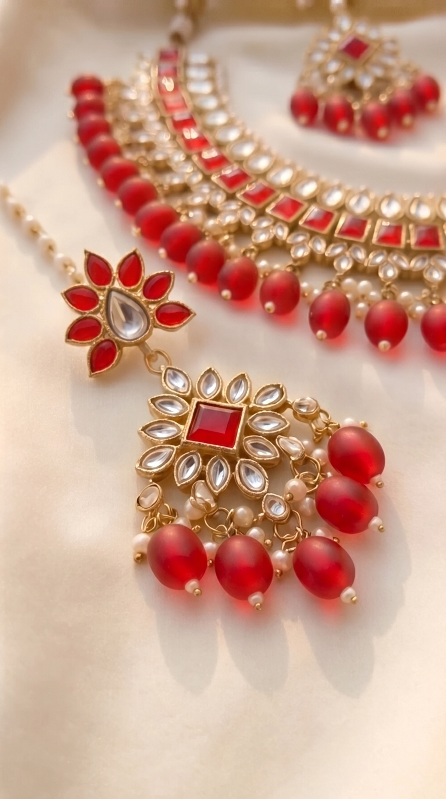 Crimson Kundan Statement Necklace Set - Indian bridal kundan jewelry with red stones - view 3
