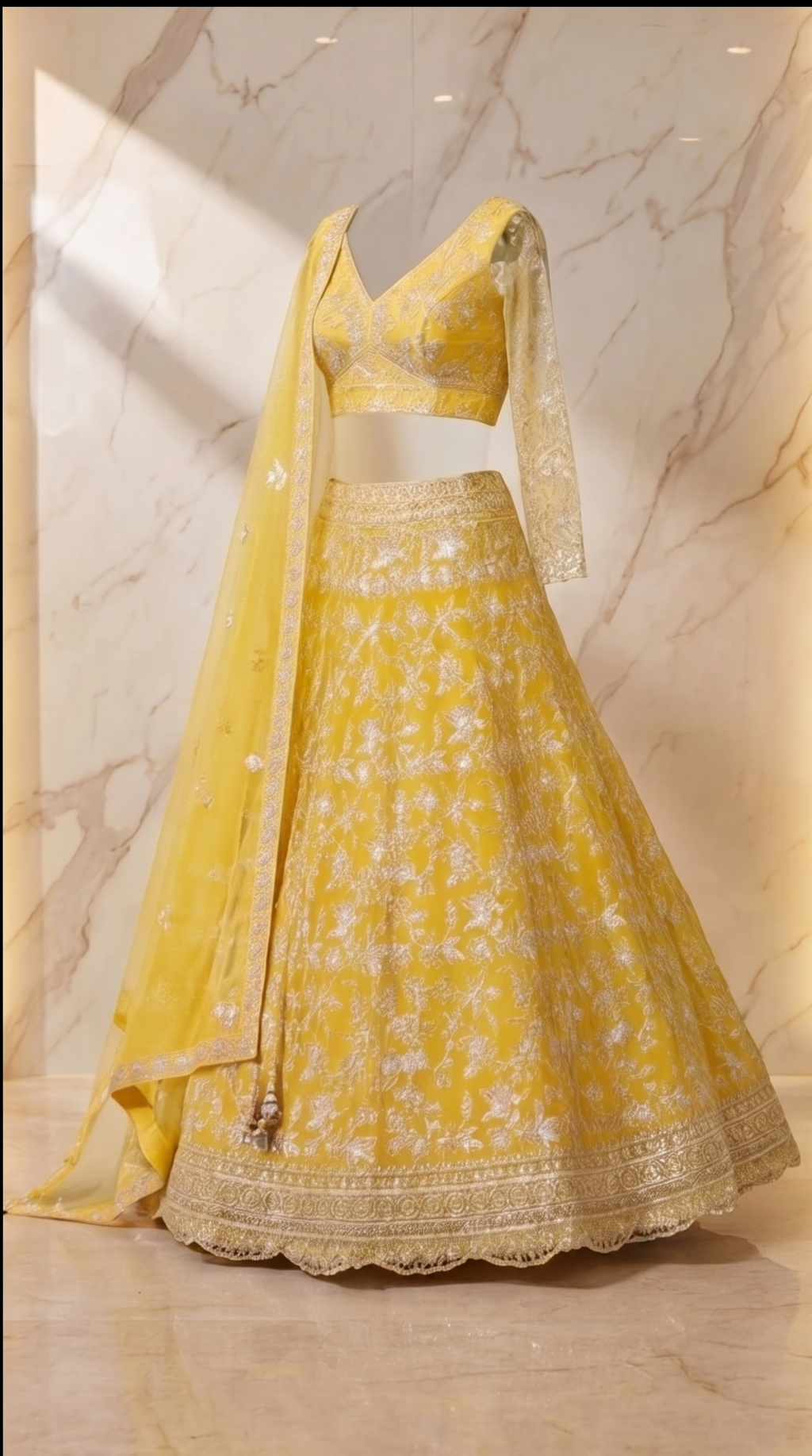Lemon Blossom Embroidered Lehenga Set - yellow Indian bridal wedding lehenga with floral embroidery - view 3