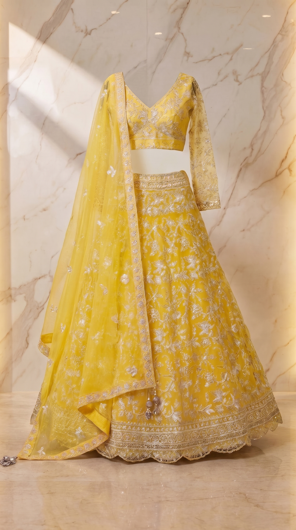 Lemon Blossom Embroidered Lehenga Set - yellow Indian bridal wedding lehenga with floral embroidery - view 4