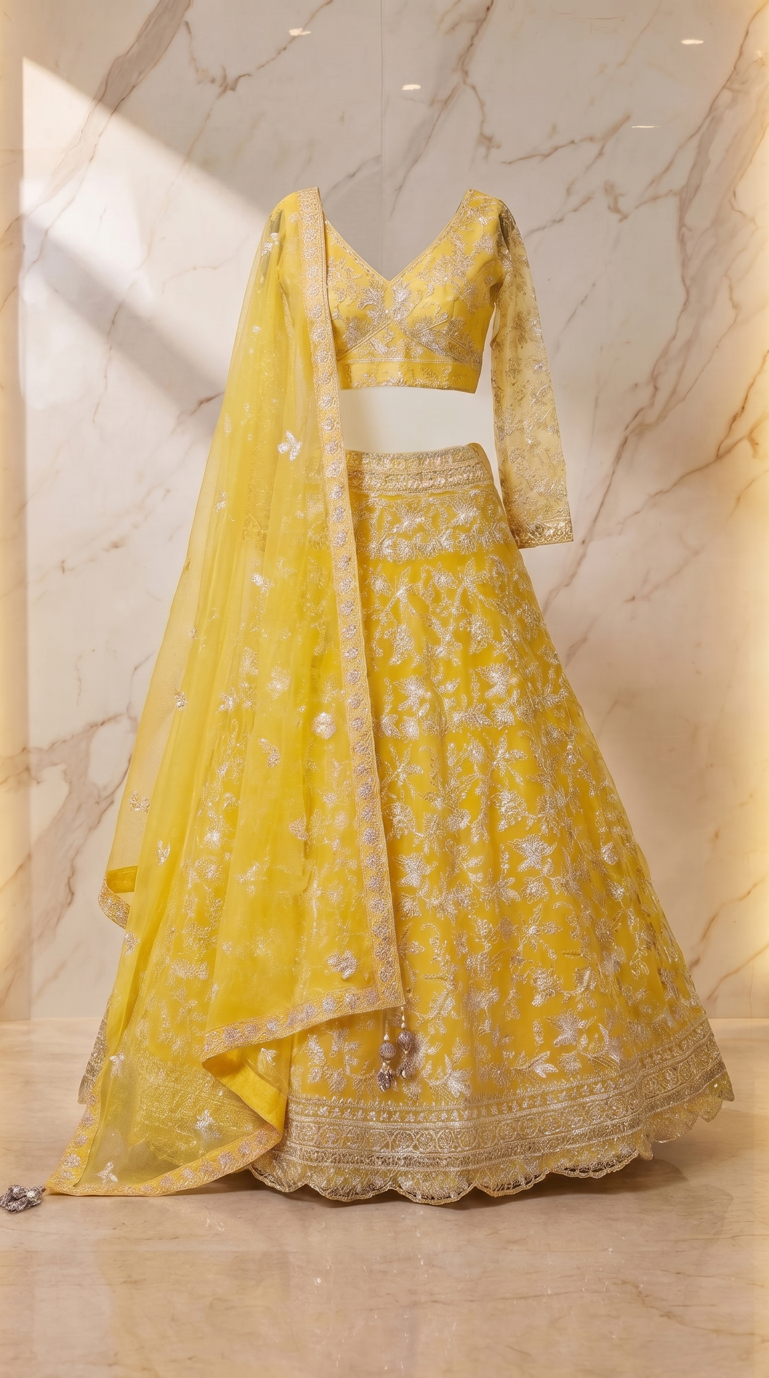 Lemon Blossom Embroidered Lehenga Set - yellow Indian bridal wedding lehenga with floral embroidery - view 4
