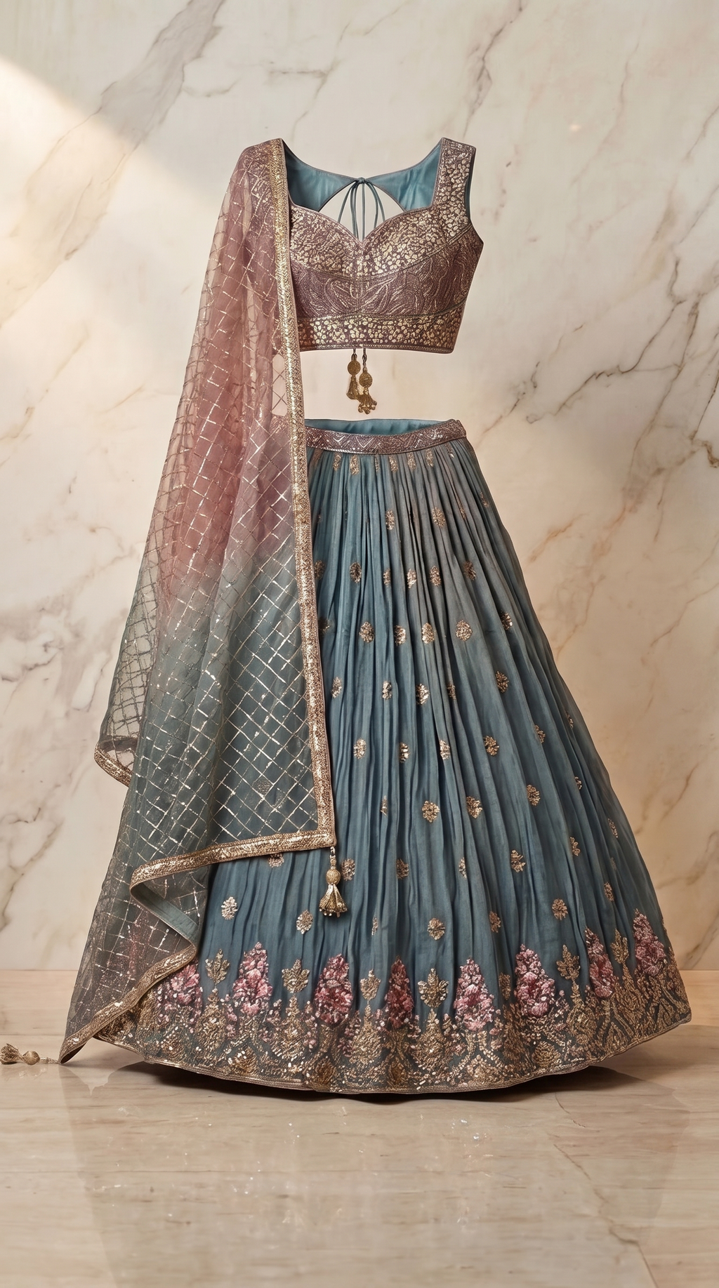 Silver Gulab Lehenga Set - Indian bridal wedding lehenga with silver rose gulab embroidery - view 9
