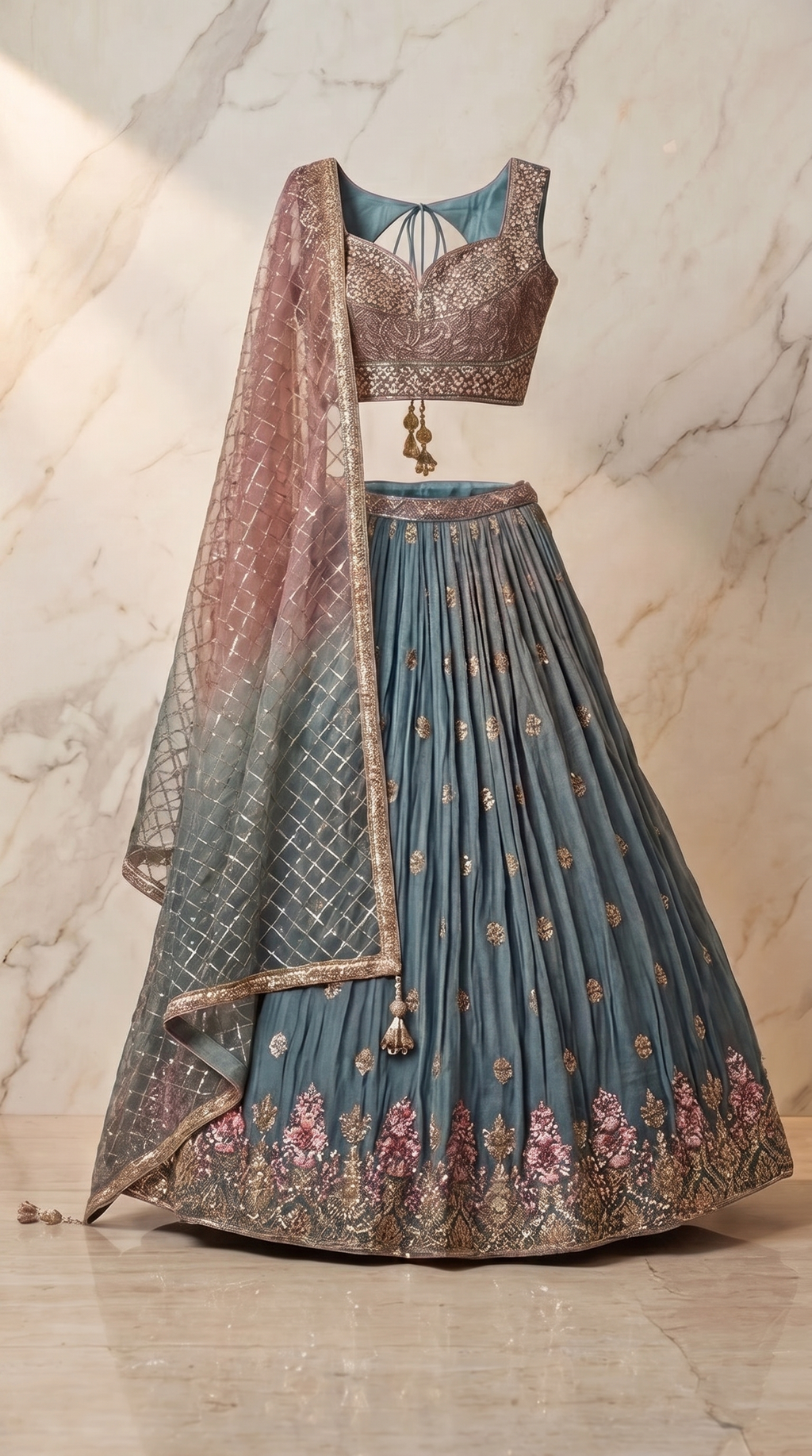 Silver Gulab Lehenga Set - Indian bridal wedding lehenga with silver rose gulab embroidery - view 7