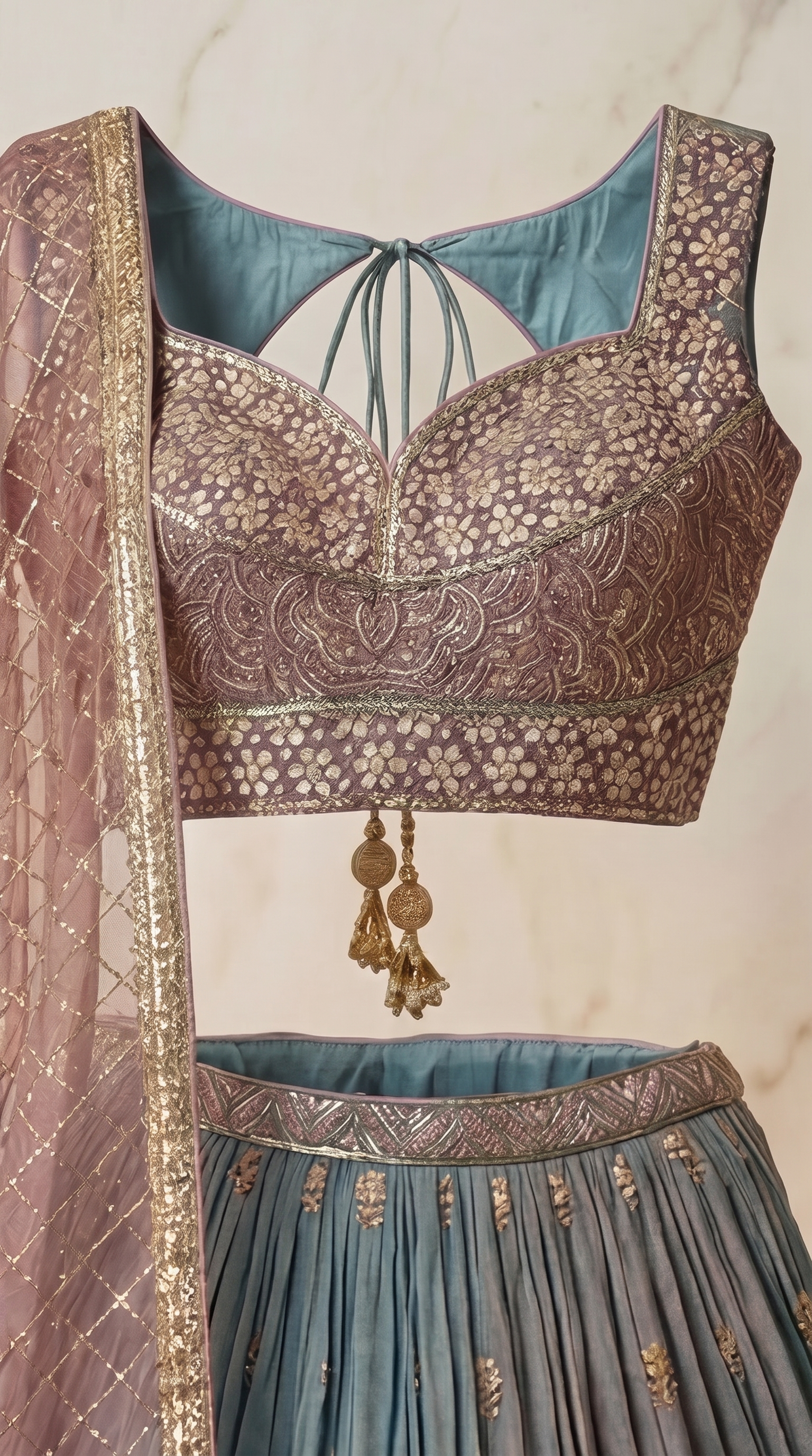Silver Gulab Lehenga Set - Indian bridal wedding lehenga with silver rose gulab embroidery - view 3