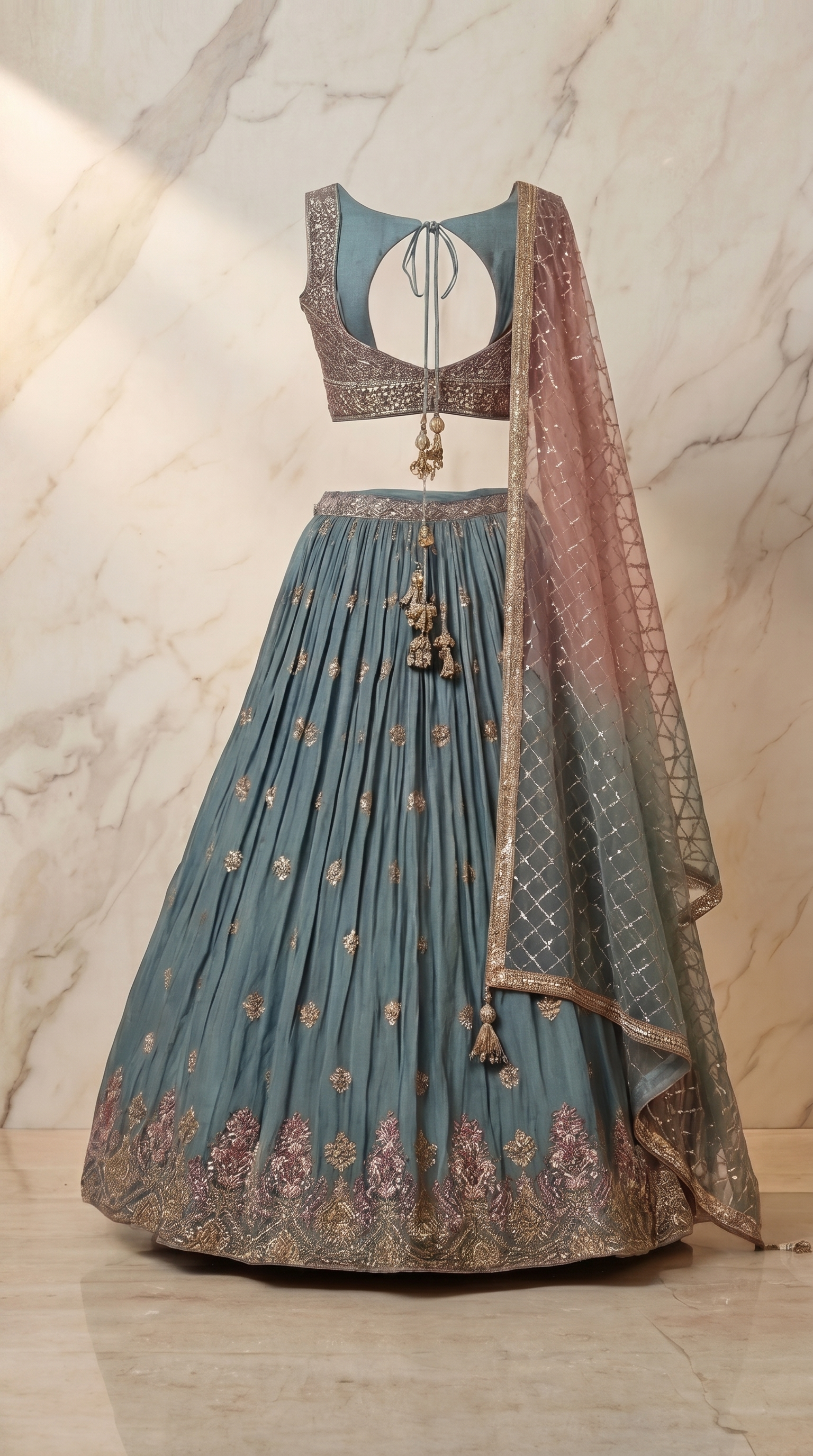 Silver Gulab Lehenga Set - Indian bridal wedding lehenga with silver rose gulab embroidery - view 2