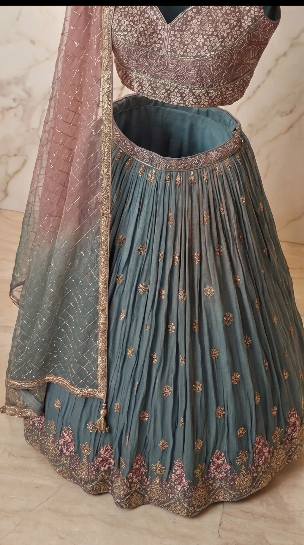 Silver Gulab Lehenga Set - Indian bridal wedding lehenga with silver rose gulab embroidery - view 6