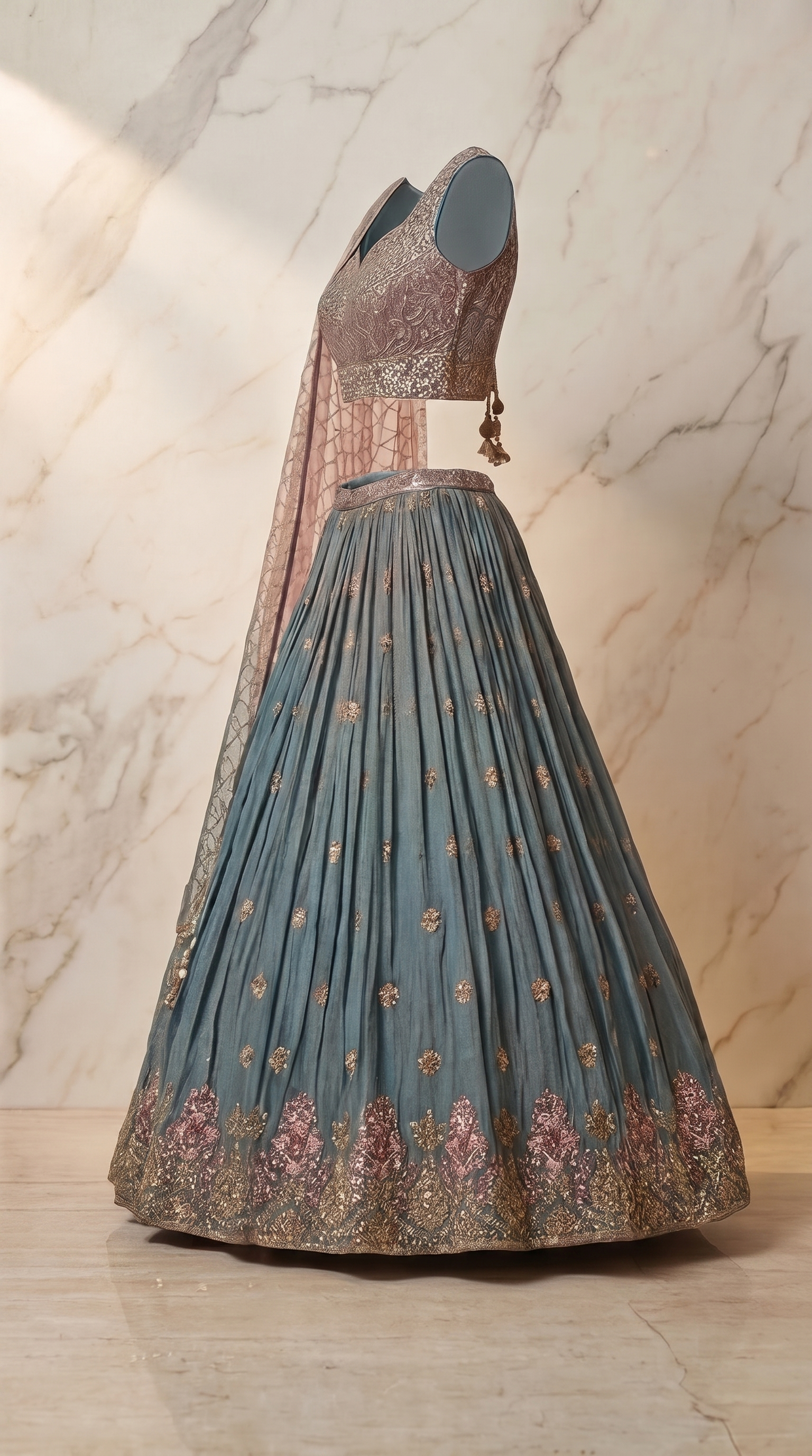 Silver Gulab Lehenga Set - Indian bridal wedding lehenga with silver rose gulab embroidery - view 8