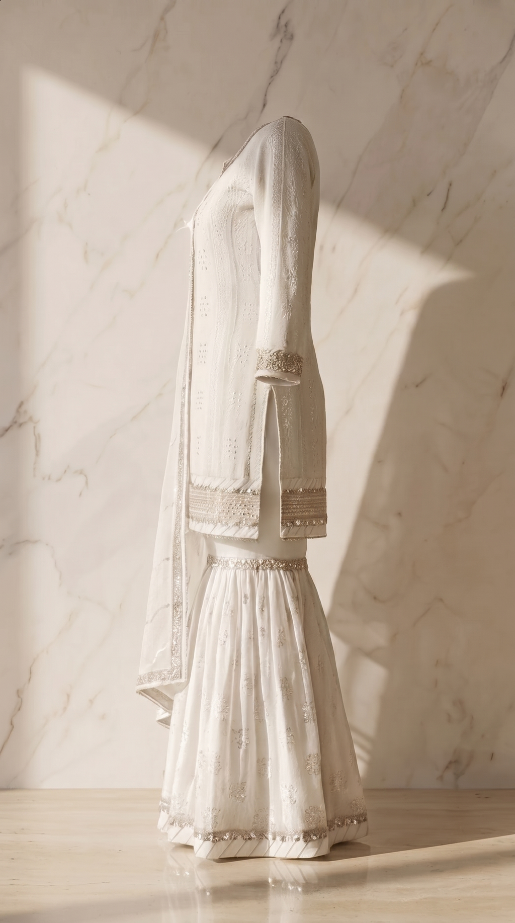 Chandni Aaina Sharara Set - ivory Pakistani bridal sharara with mirror work and chikankari embroidery - view 3