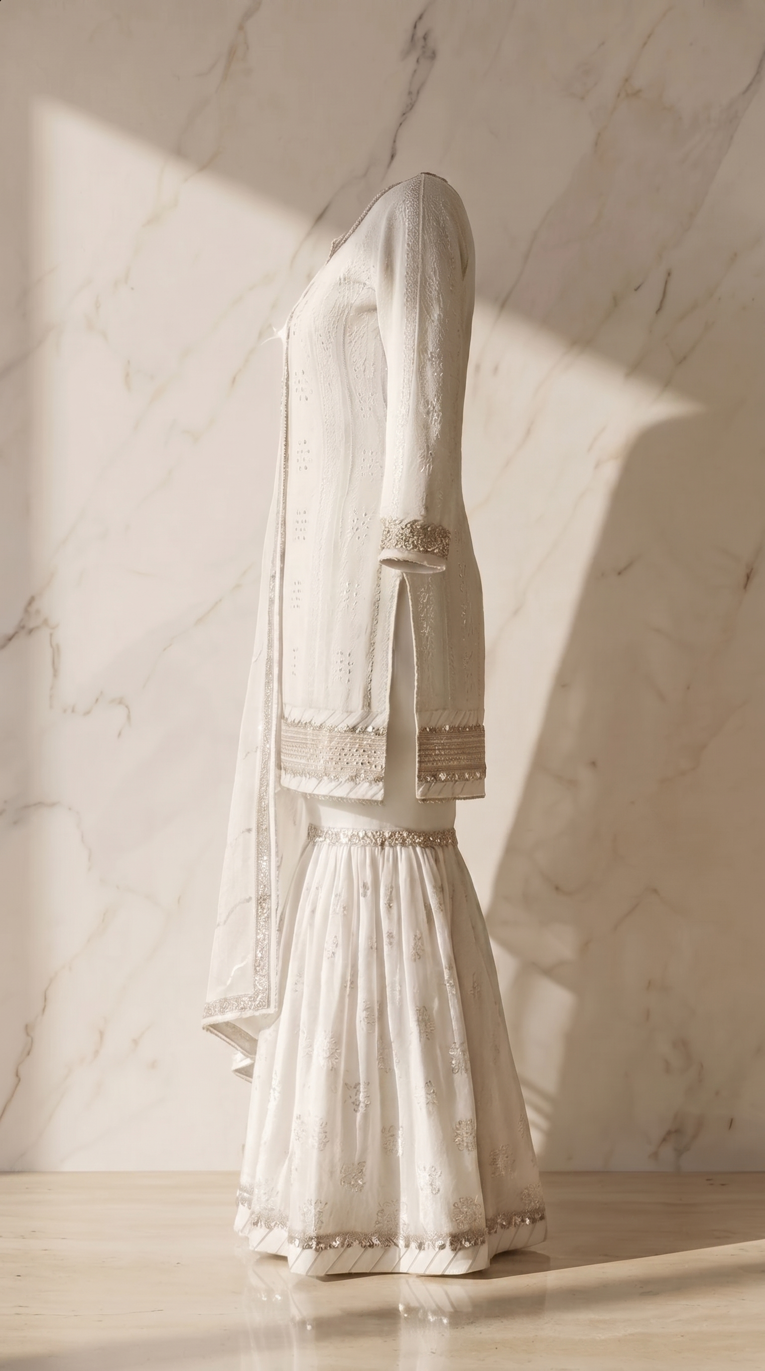 Chandni Aaina Sharara Set - ivory Pakistani bridal sharara with mirror work and chikankari embroidery - view 3