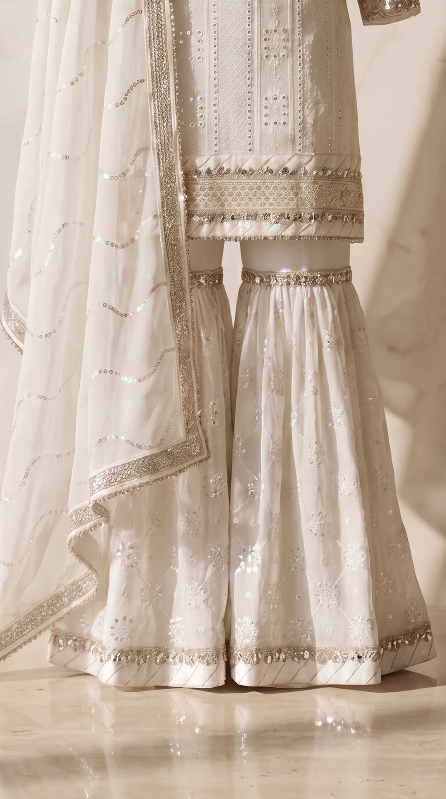 Chandni Aaina Sharara Set - ivory Pakistani bridal sharara with mirror work and chikankari embroidery - view 4