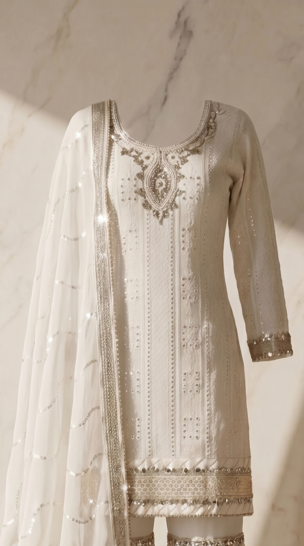 Chandni Aaina Sharara Set - ivory Pakistani bridal sharara with mirror work and chikankari embroidery - view 2