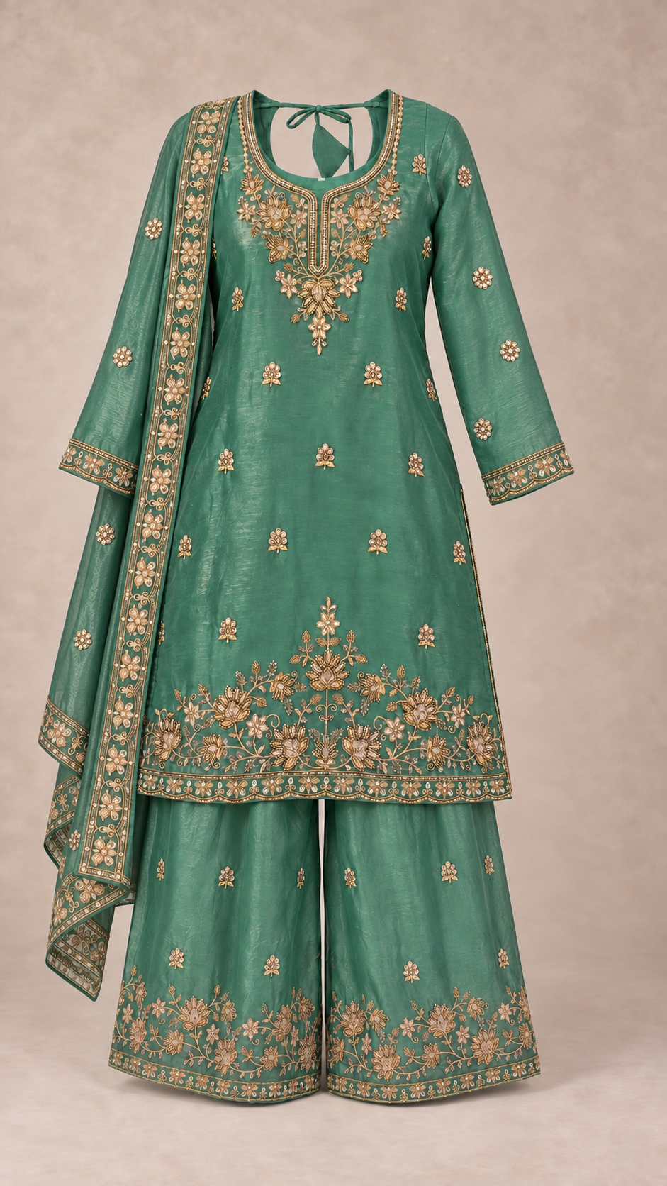 Jade Green | Fendy Silk Palazzo Set | complete three-piece outfit front view