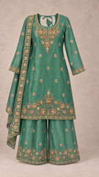 Jade Green | Fendy Silk Palazzo Set | complete three-piece outfit front view
