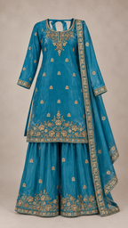 Teal Blue | Fendy Silk Palazzo Set | complete three-piece outfit front view