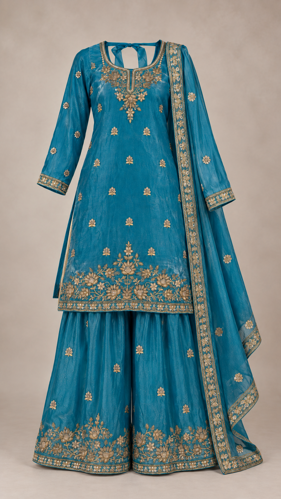 Teal Blue | Fendy Silk Palazzo Set | complete three-piece outfit front view