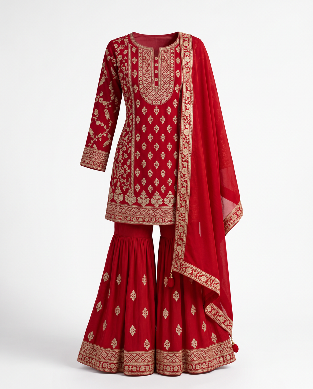 Crimson Red | Complete three-piece outfit with gold embroidery, flared trousers and matching dupatta, front view