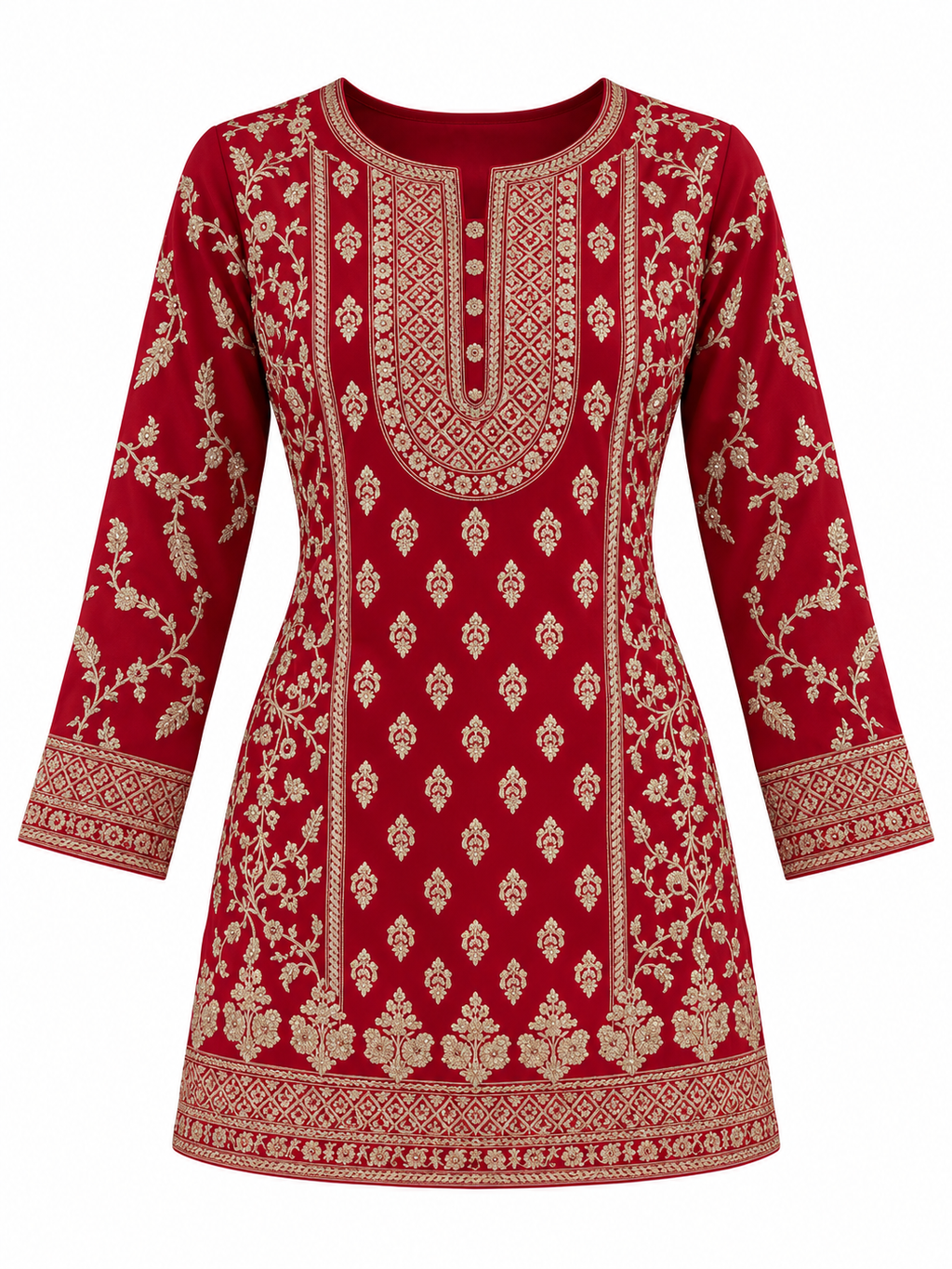 Crimson Red | Tunic front with gold neckline, floral and border embroidery