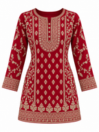 Crimson Red | Tunic front with gold neckline, floral and border embroidery