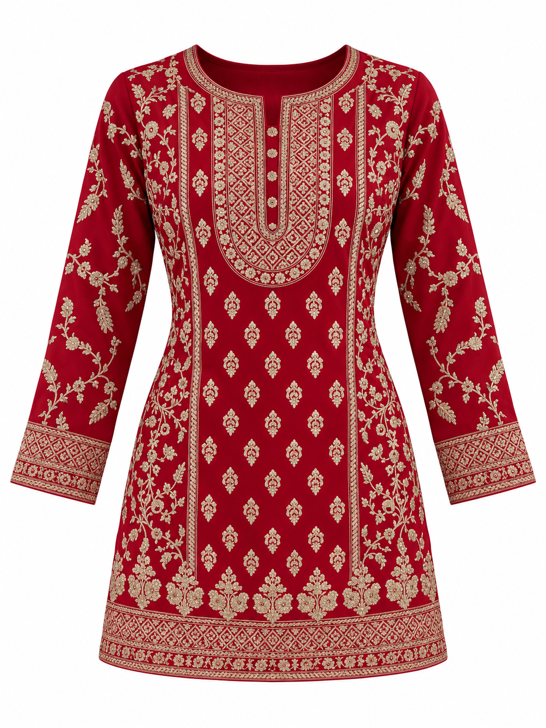Crimson Red | Tunic front with gold neckline, floral and border embroidery