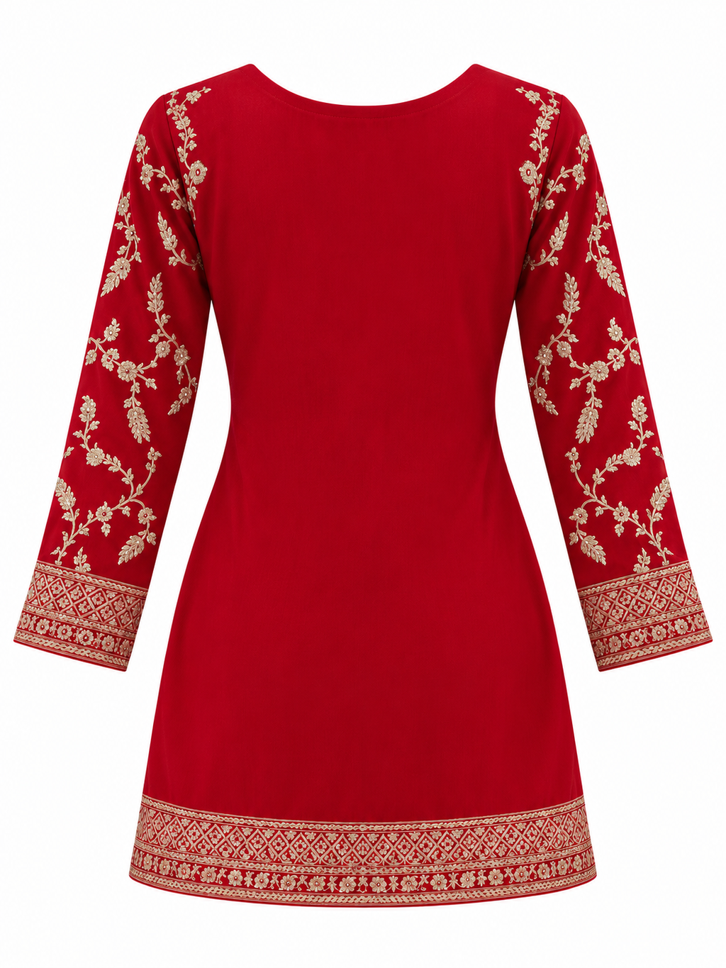 Crimson Red | Tunic back with gold sleeve and hem embroidery