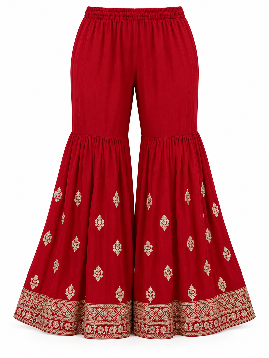 Crimson Red | Flared trousers with gold motifs and embroidered hem