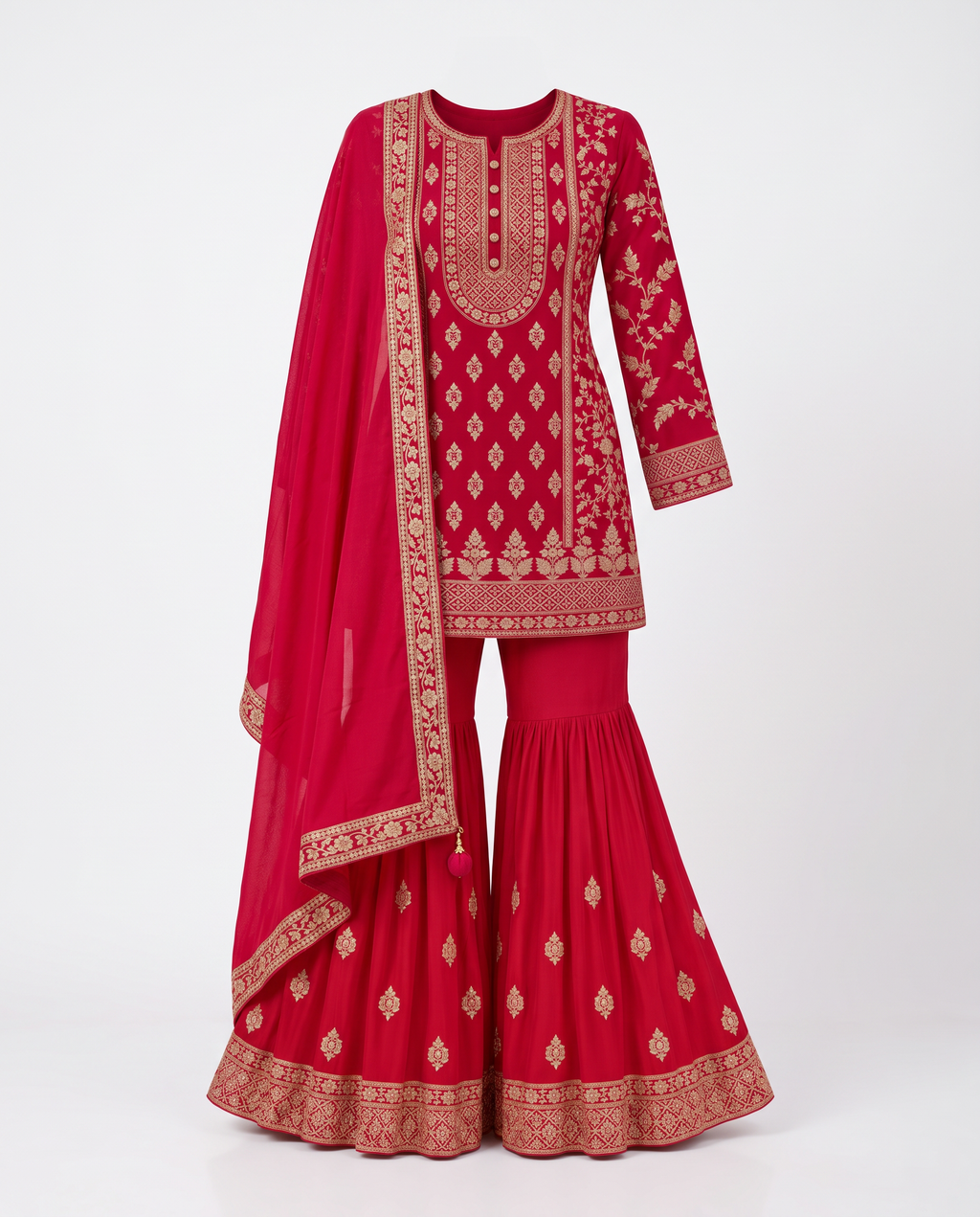 Rani Pink | Complete three-piece outfit with gold embroidery, flared trousers and matching dupatta, front view