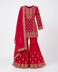 Rani Pink | Complete three-piece outfit with gold embroidery, flared trousers and matching dupatta, front view